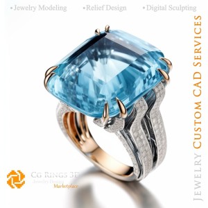 Anello con acquamarina e diamanti - CAD 3D per gioielli, AI - CAD 3D anelli, AI - CAD 3D per gioielli, AI - Gioielleria 3D, AI