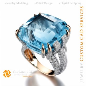 Anillo con aguamarina y diamantes - CAD 3D de joyería Hogar, IA - CAD 3D de joyería, IA - CAD 3D de anillos, IA - CAD 3D de
