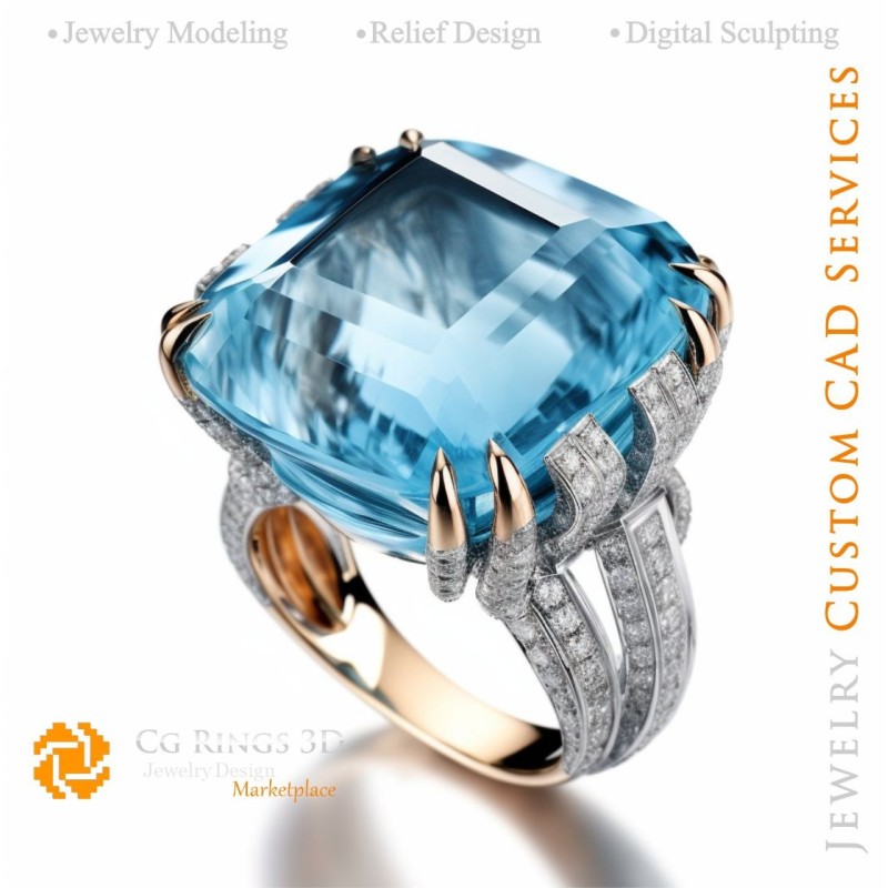 Inel cu acvamarin și diamante - CAD 3D pentru bijuterii acasă, AI - Bijuterii CAD 3D, AI - Inele CAD 3D, AI - CAD 3D pentru