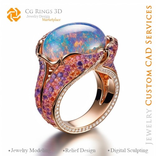 蛋白石戒指 - 3D CAD 珠宝之家、AI - 珠宝 3D CAD、AI - 戒指 3D CAD、AI - 3D CAD 珠宝《色彩旋律》、AI - 3D CAD