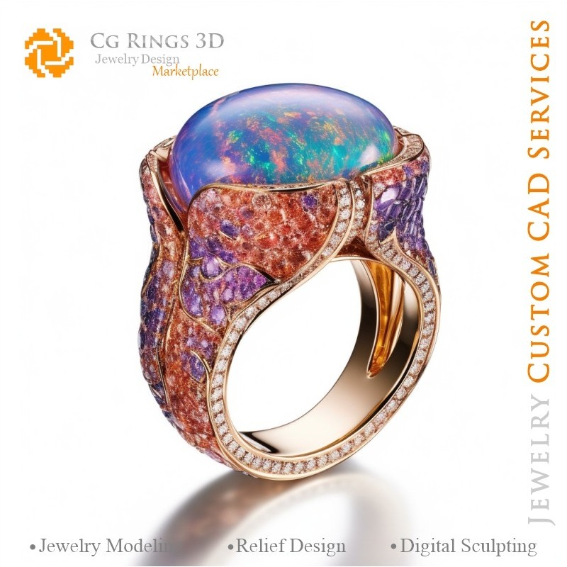 Anello con opale - CAD gioielli 3D, AI - CAD anelli 3D, AI - CAD gioielli 3D Melodia di colori, AI - CAD 3D