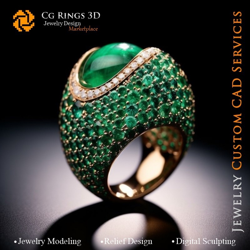 Bague avec émeraudes et diamants - CAO 3D Joaillerie Maison, IA - CAO 3D Joaillerie, IA - Bagues CAO 3D