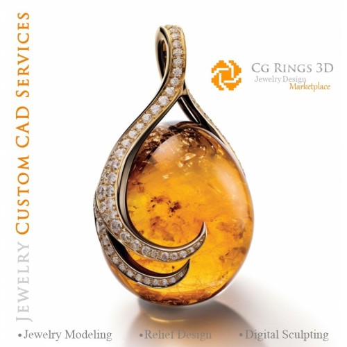 Pendentif avec ambre et diamants - CAO 3D Joaillerie Maison, IA - CAO 3D Bijoux, IA - Pendentifs CAO 3D, IA - CAO 3D