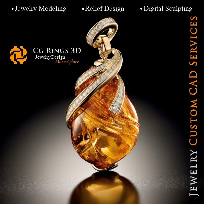 Pendentif en ambre et diamants - CAO 3D Joaillerie Maison, IA - CAO 3D Joaillerie, IA - Pendentifs CAO 3D, IA - CAO 3D
