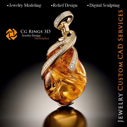 Pendentif en ambre et diamants - CAO 3D Joaillerie Maison, IA - CAO 3D Joaillerie, IA - Pendentifs CAO 3D, IA - CAO 3D