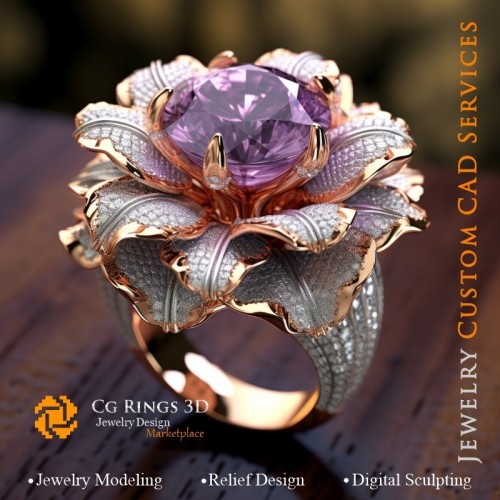 Blumenring mit Alexandrit und Diamanten - 3D-CAD-Schmuck zu Hause, KI - Schmuck 3D-CAD, KI - Ringe 3D-CAD, KI - 3D-CAD-Schmuck