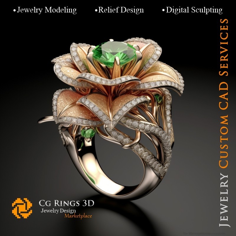 Blumenring mit Smaragden und Diamanten - 3D-CAD-Schmuck Zuhause, KI - Schmuck 3D-CAD, KI - Ringe 3D-CAD, KI - 3D-CAD-Schmuck