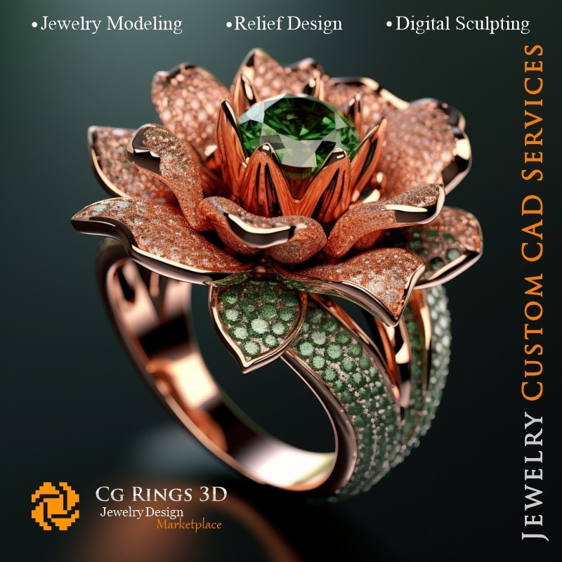 Blumenring mit Smaragden und Diamanten - 3D-CAD-Schmuck Zuhause, KI - Schmuck 3D-CAD, KI - Ringe 3D-CAD, KI - 3D-CAD-Schmuck
