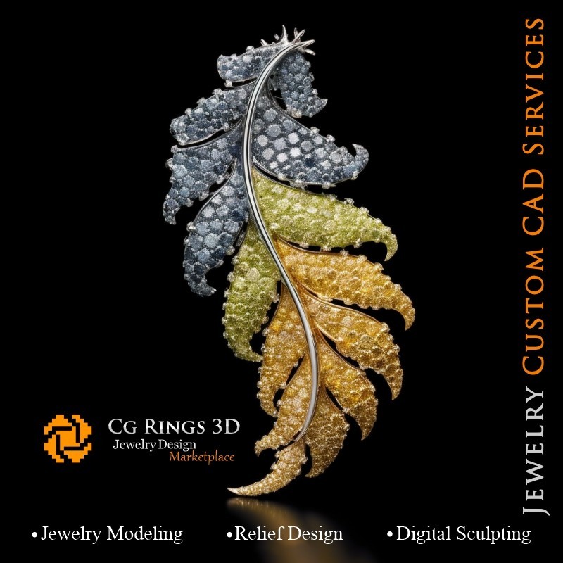 蕨叶吊坠配彩色钻石 - 珠宝3D CAD 主页，AI - 珠宝3D CAD，AI - 吊坠3D CAD，AI - 3D CAD 珠宝我