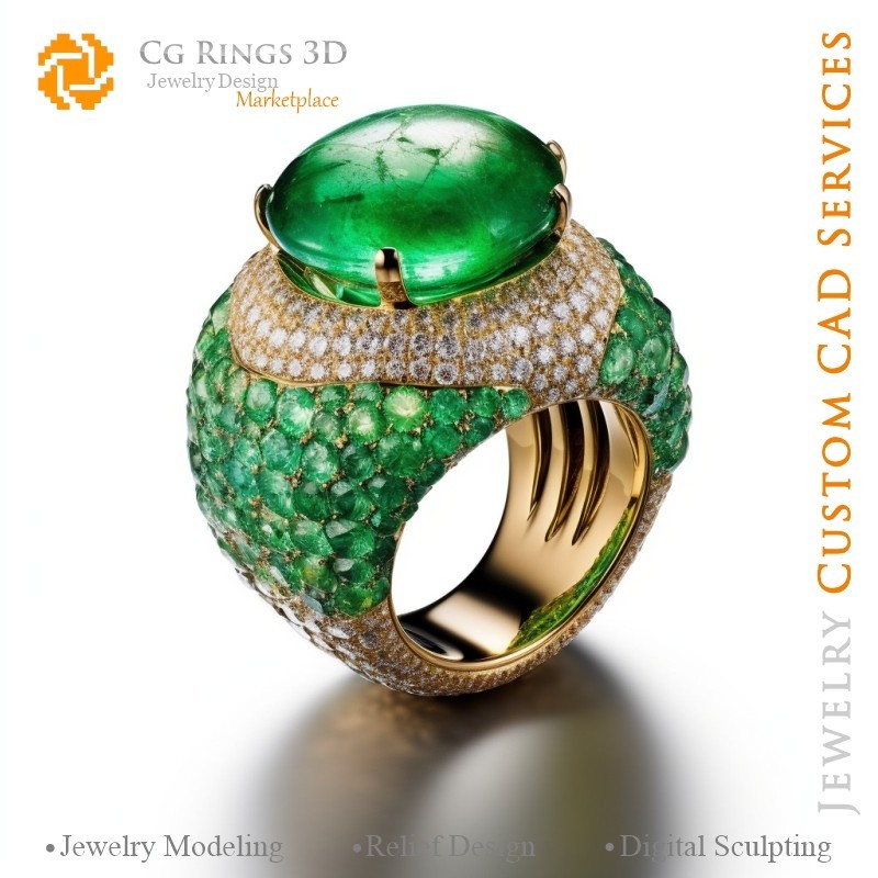Ring mit Smaragden und Diamanten - 3D-CAD Schmuck Zuhause, KI - Schmuck 3D-CAD, KI - Ringe 3D-CAD, KI - 3D-CAD Schmuck Melodie