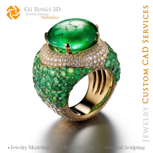 祖母绿与钻石戒指 - 3D CAD 珠宝之家、AI - 珠宝 3D CAD、AI - 戒指 3D CAD、AI - 3D CAD 珠宝《C 的旋律》