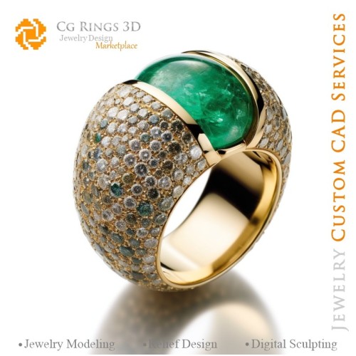 Anello a fiore con smeraldo e diamanti - Gioielleria CAD 3D Home, AI - Gioielleria CAD 3D, AI - Anelli CAD 3D, AI - Gioielleria