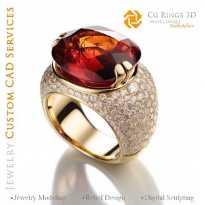 Anillo con Granate y Diamantes - CAD 3D de Joyería, IA - CAD 3D de Anillos, IA - CAD 3D de Joyería Melody of Col
