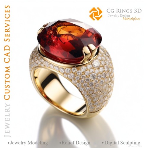 Anello con granato e diamanti - Gioielleria CAD 3D, AI - Gioielleria CAD 3D, AI - Anelli CAD 3D, AI - CAD 3D Gioielleria