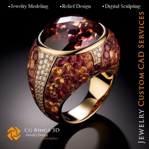 石榴石与钻石戒指 - 3D CAD 珠宝首页，AI - 珠宝 3D CAD，AI - 戒指 3D CAD，AI - 3D CAD 珠宝 Melody of Co