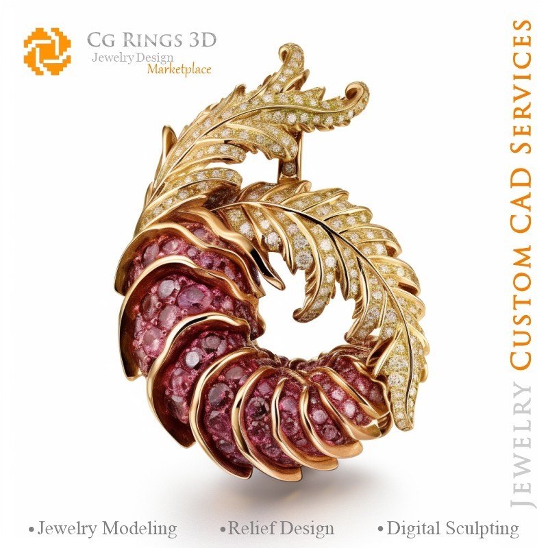 Ciondolo a felce con granati e diamanti - Gioielleria 3D CAD Home, IA - Gioielleria 3D CAD, IA - Ciondoli 3D CAD, IA -