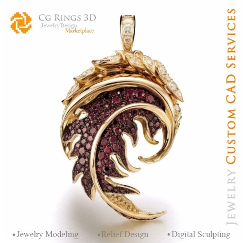 Colgante de helecho con granates y diamantes - CAD 3D de joyería Hogar, IA - CAD 3D de joyería, IA - Colgantes CAD 3D, IA - CAD