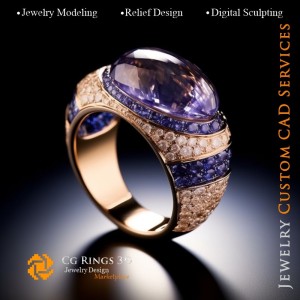 Anello con ioliti e diamanti - CAD 3D per gioielli Home, AI - CAD 3D per gioielli, AI - Anelli CAD 3D, AI - CAD 3D per gioielli