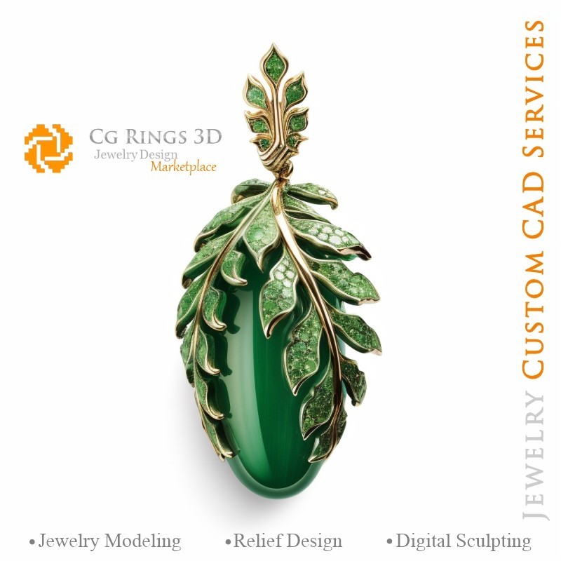 蕨叶吊坠（配翡翠与钻石）- 珠宝3D CAD 家居，AI - 珠宝3D CAD，AI - 吊坠3D CAD，AI - 3D CAD 珠宝 Melo