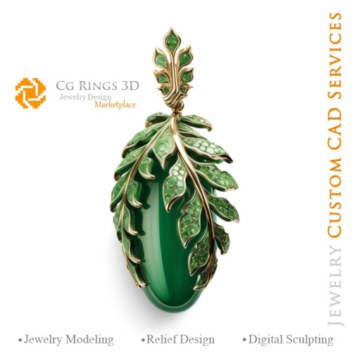 Pendentif Feuille de Fougère avec Jade et Diamants - Bijoux DAO 3D Maison, IA - Bijoux DAO 3D, IA - Pendentifs DAO 3D, IA - DAO