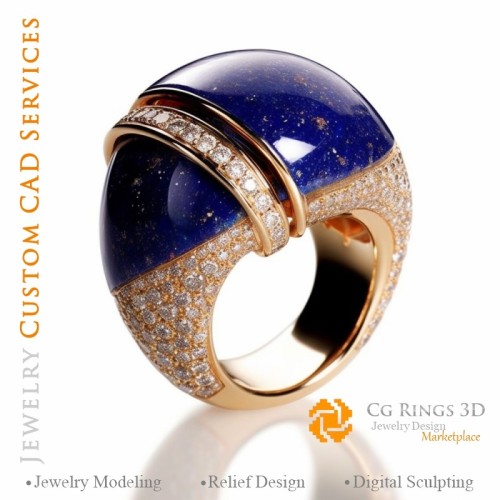 Anello con lapislazzuli e diamanti - CAD 3D per gioielleria Home, IA - CAD 3D gioielleria, IA - CAD 3D anelli, IA - CAD 3D