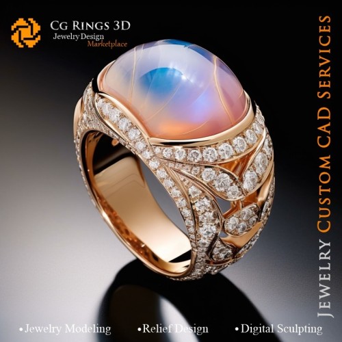 Ring mit Mondstein und Diamanten - 3D-CAD-Schmuck Zuhause, KI - Schmuck 3D-CAD, KI - Ringe 3D-CAD, KI - 3D-CAD-Schmuck Melodie