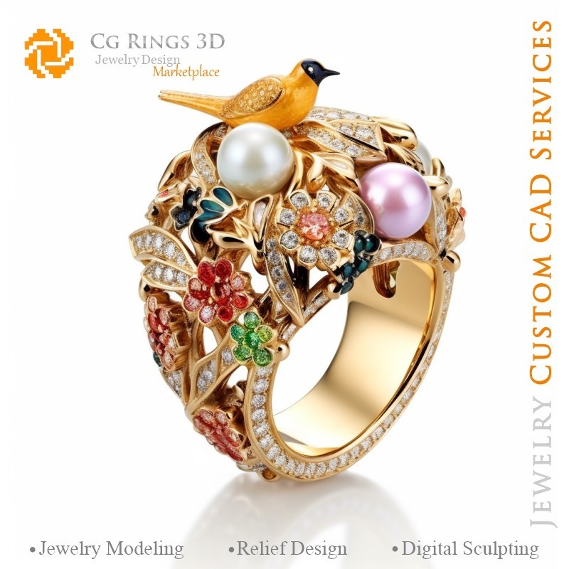 Anillo de Pájaros con diamantes - CAD 3D de Joyería Hogar, IA - CAD 3D de Joyería, IA - CAD 3D de Anillos, IA - CAD 3D de