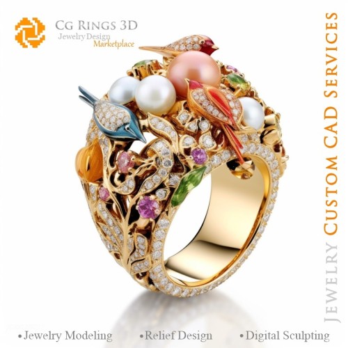 Vogelring mit Diamanten - 3D-CAD-Schmuck Home, KI - 3D-CAD-Schmuck, KI - 3D-CAD-Schmuck Melodie der Farben, KI - 3D-CAD-Schmuck