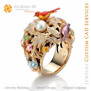 Vogelring mit Diamanten - 3D-CAD-Schmuck Zuhause, KI - Schmuck 3D-CAD, KI - Ringe 3D-CAD, KI - 3D-CAD-Schmuck Melodie der Farbe