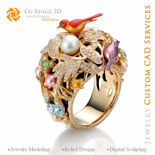 Vogelring mit Diamanten - 3D-CAD-Schmuck Zuhause, KI - Schmuck 3D-CAD, KI - Ringe 3D-CAD, KI - 3D-CAD-Schmuck Melodie der Farbe