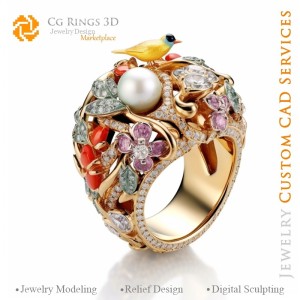 鸟戒指及钻石 - 3D CAD 珠宝家居，AI - 珠宝 3D CAD，AI - 戒指 3D CAD，AI - 3D CAD 珠宝《色彩的旋律》
