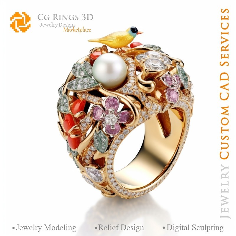 鸟戒指及钻石 - 3D CAD 珠宝家居，AI - 珠宝 3D CAD，AI - 戒指 3D CAD，AI - 3D CAD 珠宝《色彩的旋律》