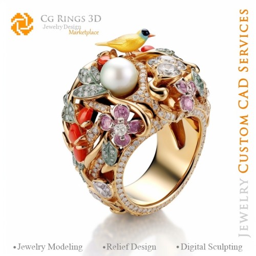 Anillo de aves con diamantes - CAD 3D de joyería para el hogar, IA - CAD 3D de joyería, IA - CAD 3D de anillos, IA - CAD 3D