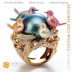 Vogelring mit Diamanten - 3D-CAD-Schmuck Zuhause, KI - Schmuck 3D-CAD, KI - Ringe 3D-CAD, KI - 3D-CAD-Schmuck Melodie der Farbe