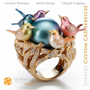 Vogelring mit Diamanten - 3D-CAD-Schmuck Zuhause, KI - Schmuck 3D-CAD, KI - Ringe 3D-CAD, KI - 3D-CAD-Schmuck Melodie der Farben