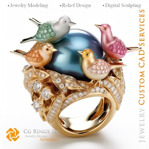 Bague oiseaux avec diamants - CAO 3D pour bijoux à domicile, IA - CAO 3D bijoux, IA - CAO 3D bijoux Mélodie des couleurs, IA -