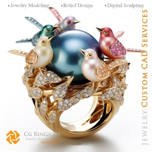 Bague Oiseaux avec diamants - CAO joaillerie 3D, IA - Joaillerie CAO 3D, IA - Bagues CAO 3D, IA - CAO joaillerie 3D Mélodie de