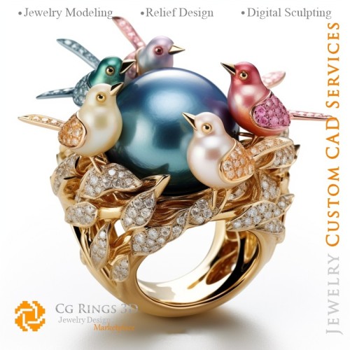 Anillo de pájaros con diamantes - CAD 3D de joyería para el hogar, IA - CAD 3D de joyería, IA - Anillos CAD 3D, IA - CAD 3D de