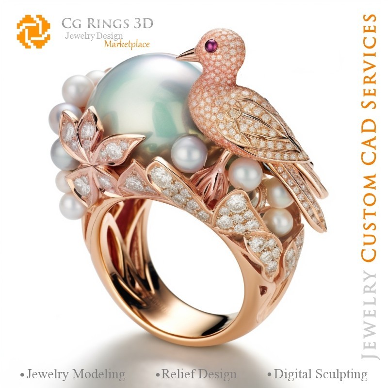 带鸟与珍珠的戒指 - 3D CAD 珠宝首页，AI - 珠宝 3D CAD，AI - 戒指 3D CAD，AI - 3D CAD 珠宝 色彩旋律