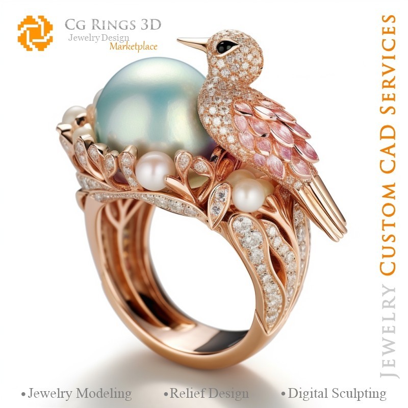 Bague avec oiseau et perles - CAO 3D Bijoux Maison, IA - CAO 3D Bijoux, IA - Bagues CAO 3D, IA - CAO 3D Bijoux Mélodie des
