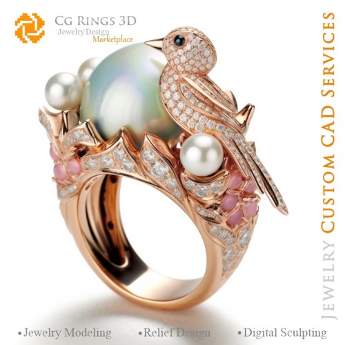 Bague avec oiseau et perles - CAO 3D Joaillerie Maison, IA - Joaillerie CAO 3D, IA - Bagues CAO 3D, IA - CAO 3D Joaillerie