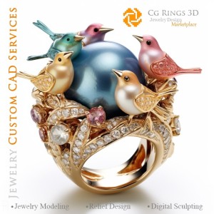 鸟环与钻石 - 3D 珠宝 CAD 家居，AI - 珠宝 3D CAD，AI - 戒指 3D CAD，AI - 3D CAD 珠宝 色彩旋律