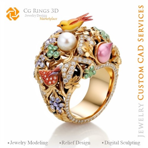 Vögel-Ring mit und Diamanten - 3D-CAD-Schmuck Zuhause, KI - Schmuck 3D CAD, KI - Ringe 3D CAD, KI - 3D-CAD-Schmuck Melodie der