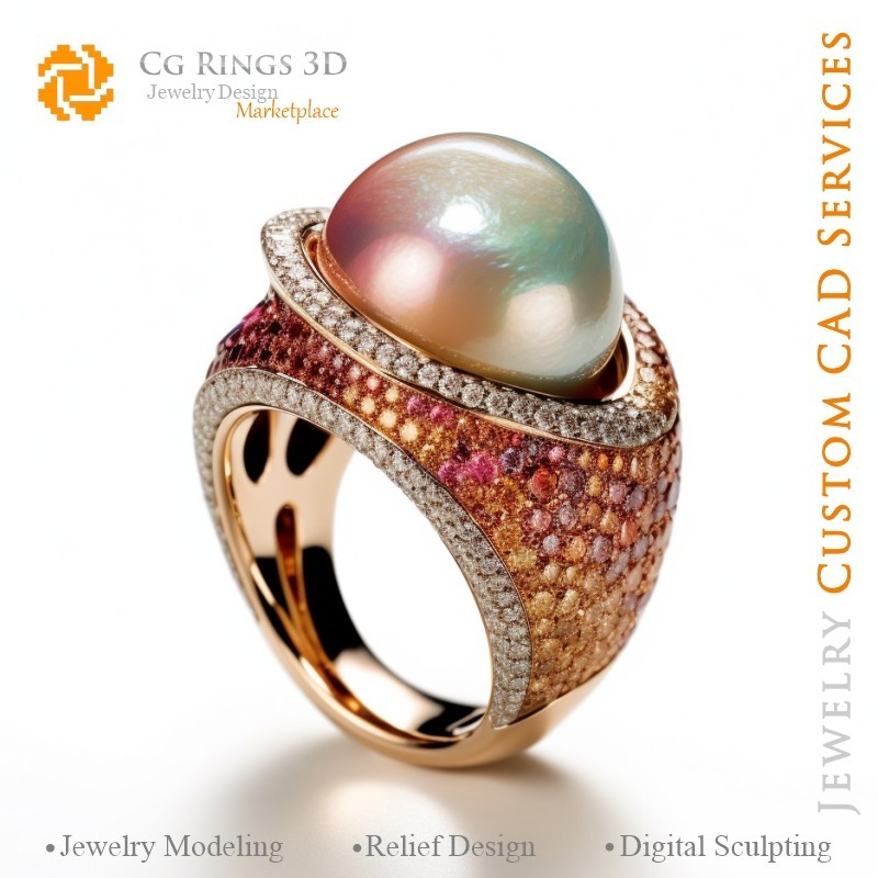 Ring mit Perle - 3D-CAD-Schmuck Zuhause, KI - Schmuck 3D-CAD, KI - Ringe 3D-CAD, KI - 3D-CAD Schmuck Melodie der Farben, KI - 3D
