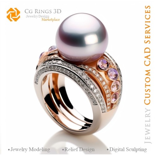 Anillo con perla - CAD 3D de joyería para el hogar, IA - CAD 3D de joyería, IA - Anillos CAD 3D, IA - CAD 3D de joyería Melodía