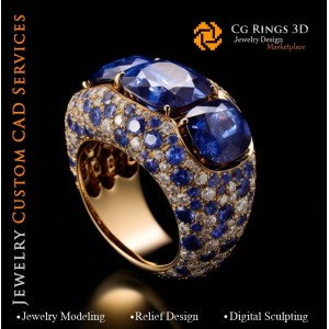 Ring mit Saphiren und Diamanten - 3D-CAD-Schmuck Zuhause, KI - Schmuck 3D-CAD, KI - Ringe 3D-CAD, KI - 3D-CAD-Schmuck Melodie