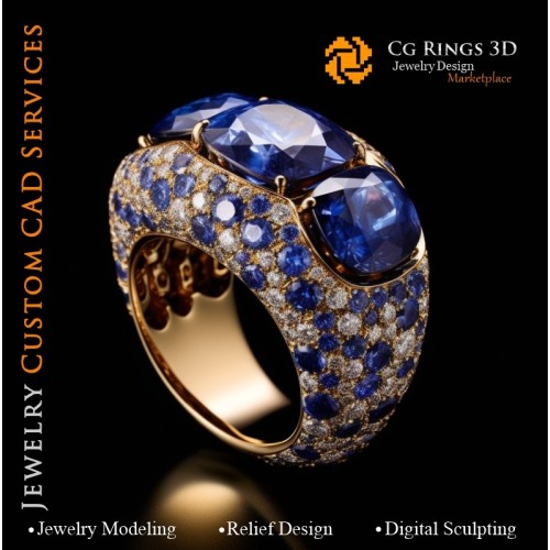 Ring mit Saphiren und Diamanten - 3D-CAD-Schmuck Zuhause, KI - Schmuck 3D-CAD, KI - Ringe 3D-CAD, KI - 3D-CAD-Schmuck Melodie