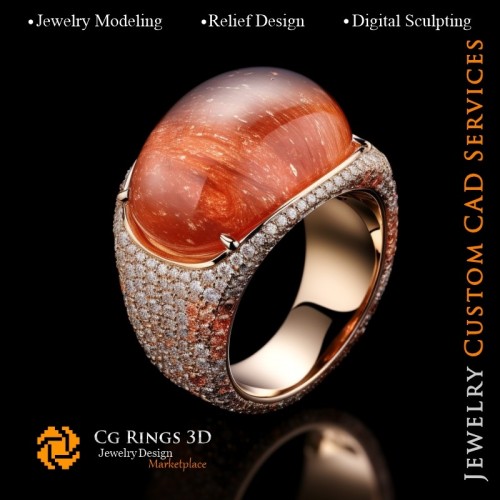 Ring mit Sonnenstein und Diamanten - 3D-CAD-Schmuck Zuhause, KI - Schmuck 3D-CAD, KI - Ringe 3D-CAD, KI - 3D-CAD-Schmuck