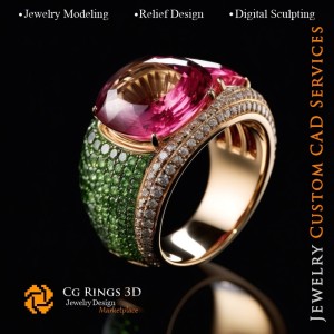 Anillo con turmalina - CAD 3D de joyería, IA - CAD 3D de anillos, IA - CAD 3D de joyería Melodía de colores, IA