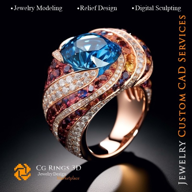 Anillo con circón y diamantes - CAD 3D Joyería Hogar, IA - CAD 3D Joyería, IA - CAD 3D Anillos, IA - CAD 3D Joyería Melodía de